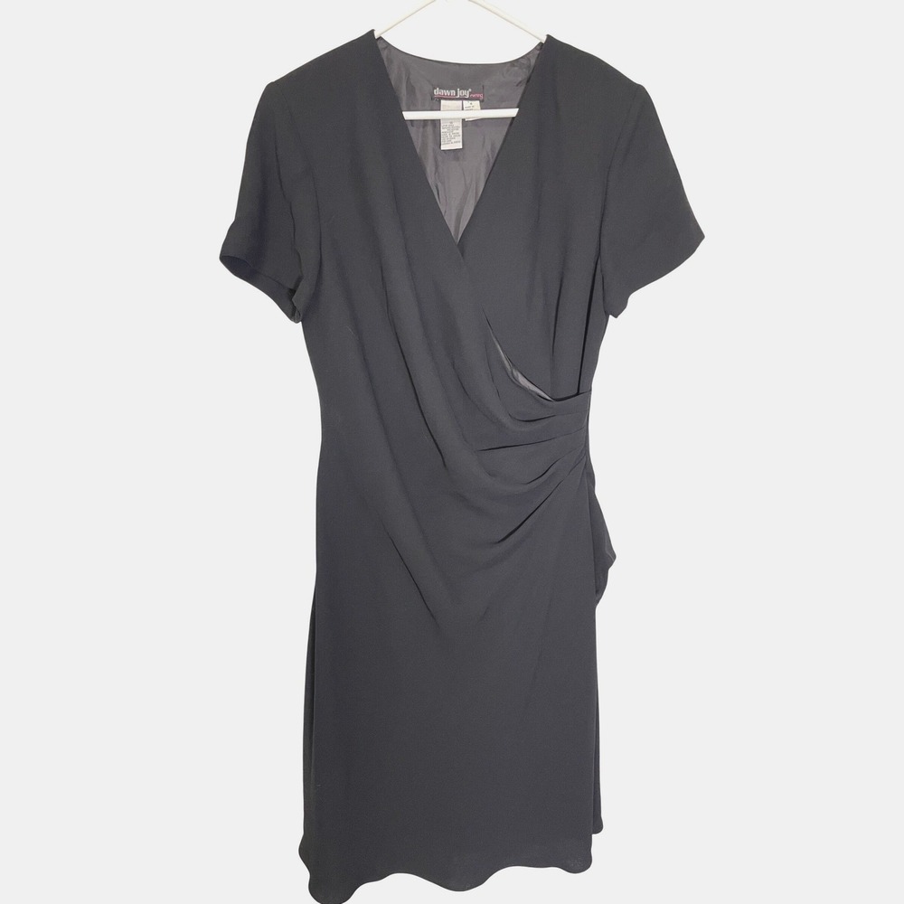 Dawn Joy Evening 16 Black Sheath Dress Ruched Faux Wrap V-Neck Classic Elegant